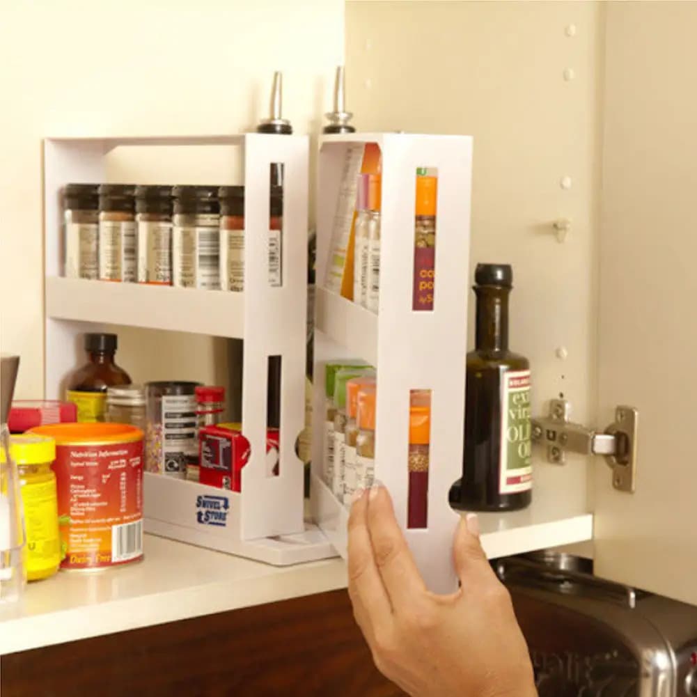 TEMU 1 Large Capacity Kitchen Organizer - 2-tier Rotating Spice Rack, Suitable For Countertops And Cabinets, Multi-functional Pull-out Storage Rack