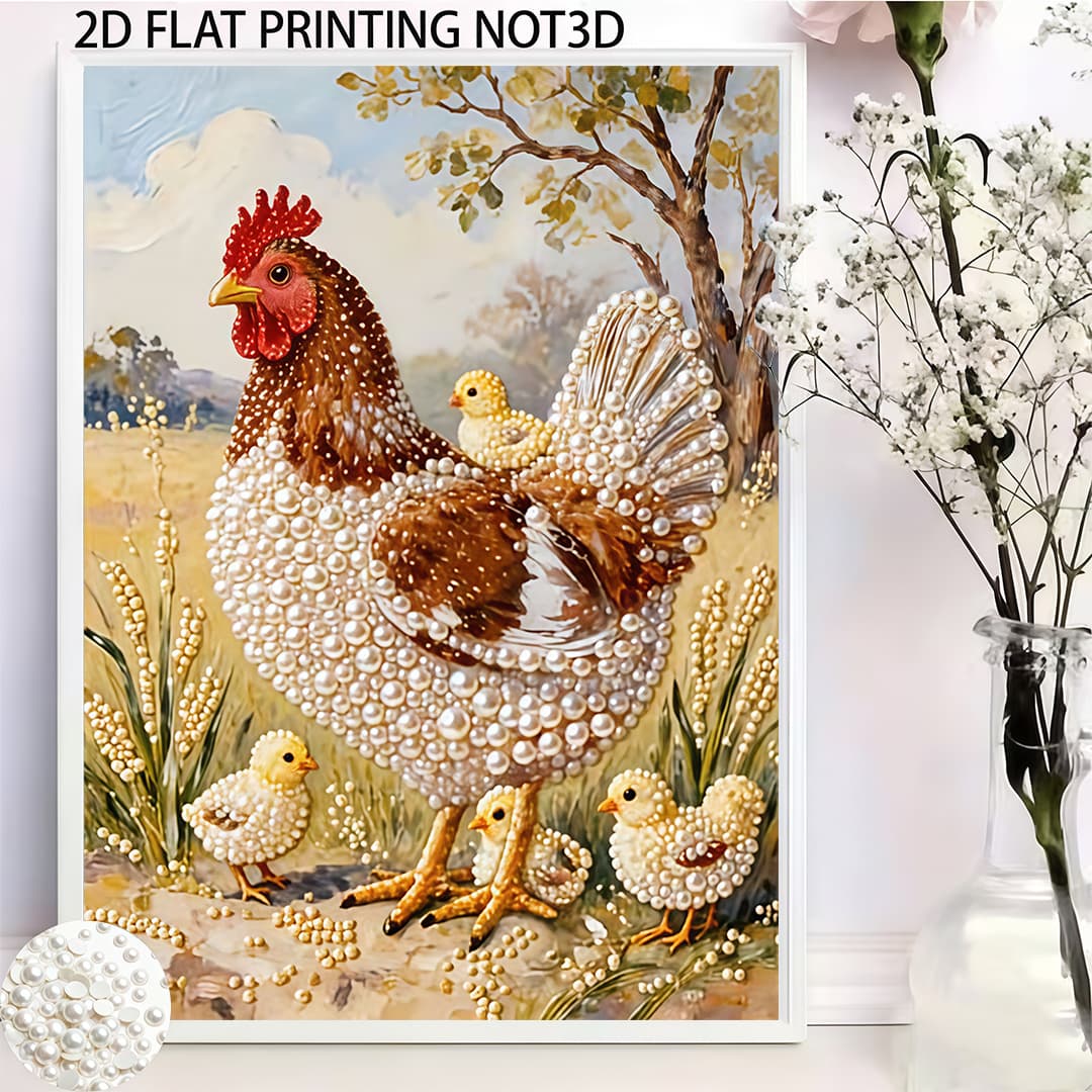 TEMU Painting, Featuring Pearl Embellished Hen And Chicks Design | 5d Pearl Painting Kit Suitable For Home Wall Decoration Art, Ideal For Holiday Gifts, Helping Stress And Warm