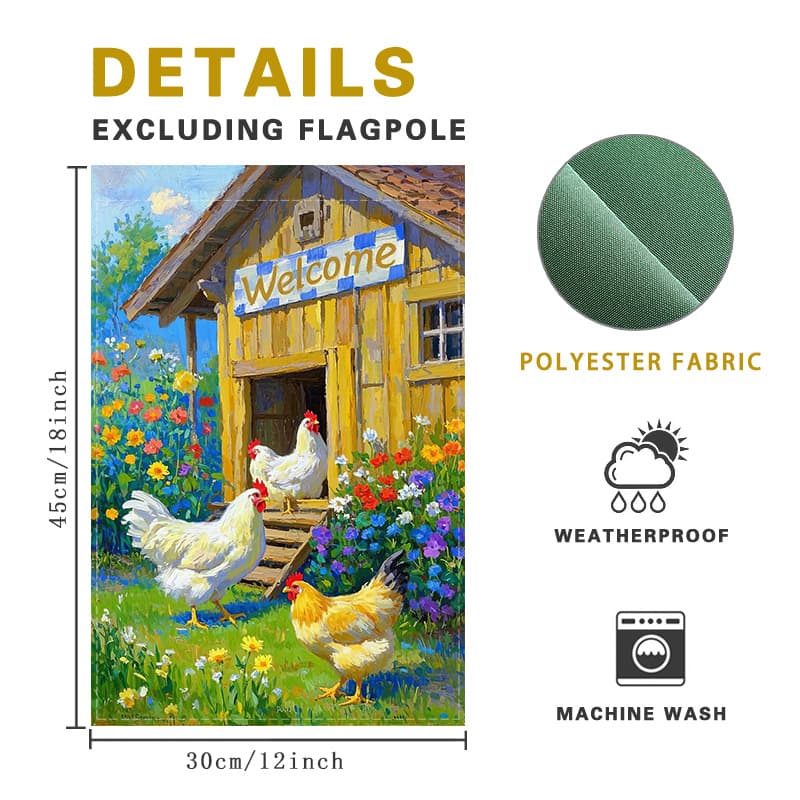 TEMU Coop Garden Flag - "welcome" Sign, Polyester Outdoor Decor With Colorful Flowers & Chickens, Backyard Or Farmhouse Style Home, Garden Decoration | Rustic Decor | Outdoor Flag, Garden Decorations