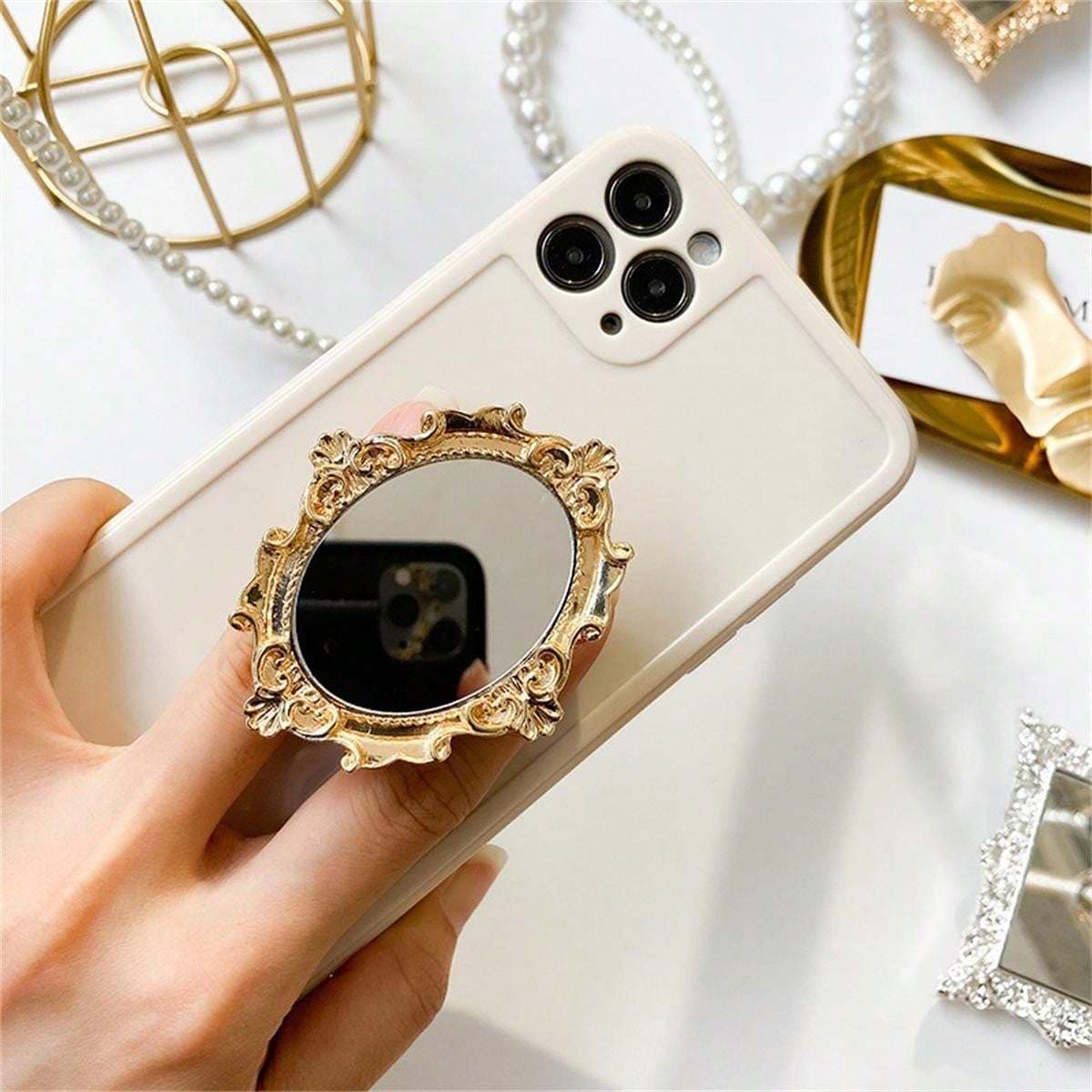 TEMU European Retro Pattern Mirror Phone Air Cushion Bracket, Paste Foldable Slouchy Desktop Round Mirror Bracket, Perfect Mobile Phone With Gifts