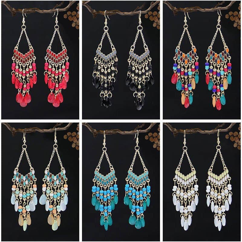 TEMU 6pairs Bohemian Long Beaded Tassel Earrings, Ethnic Statement Beaded Drop Earrings, Vintage Boho Bead Dangle Earrings, Perfect For Birthday & Anniversary Jewelry Gifts For Women