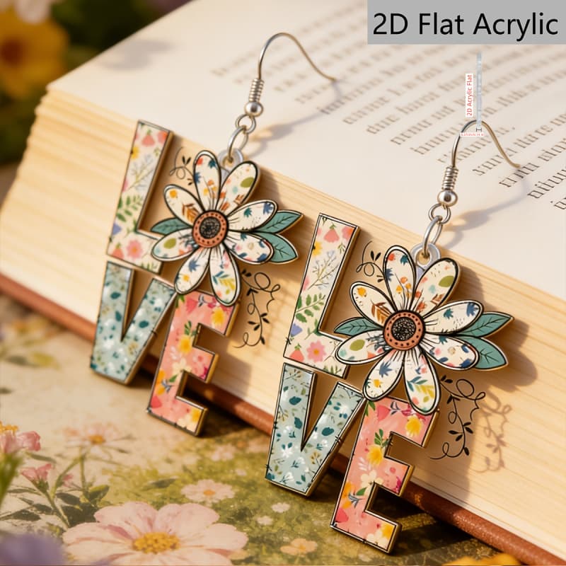 TEMU 2d Flat Pair Of Retro Cute Floral Acrylic Pendant Earrings, Women' Accessory, Gift