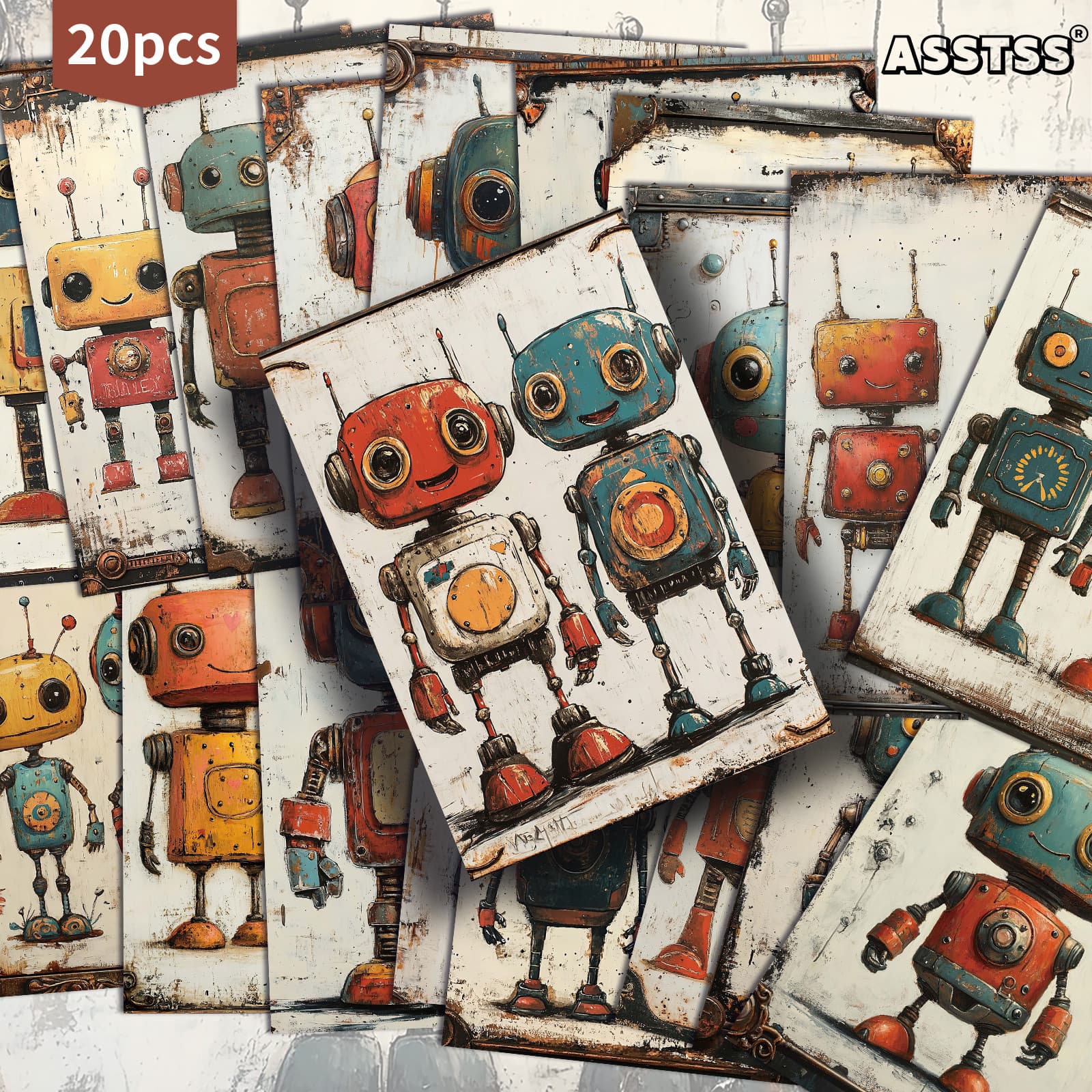 TEMU 20 Pack Asstss Vintage Cute Robot Paper Postcards - 4x6 Inches Vintage Junk Journal Paper, Classic Pinup Illustrations, Collectible Decorative Painting Cards For Scrapbooking & Crafting