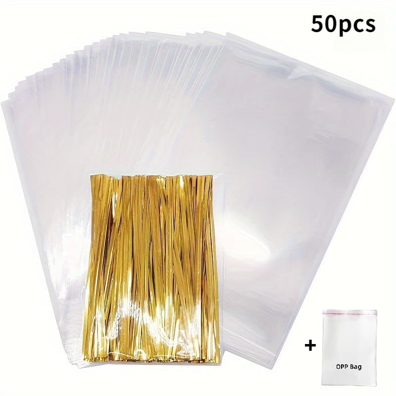 TEMU 50pcs Plastic Bags With Tie Gift Bags+1pc Opp Bag, Transparent Gift Bags For Packing Popcorn, Party Favors, , Candy, Bakery Plastic Gift Wrap
