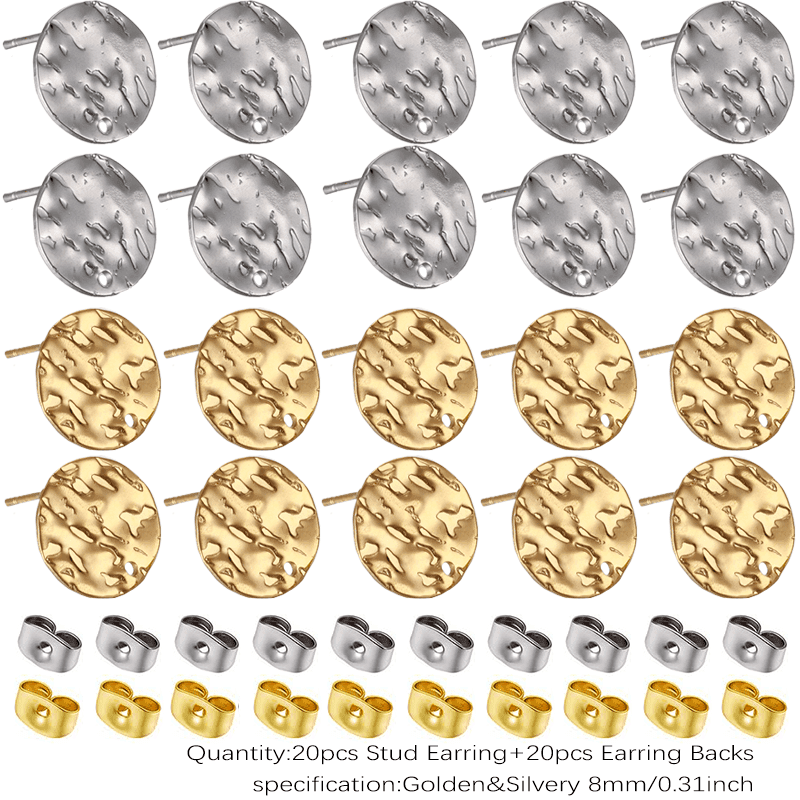 TEMU 40pcs Stainless Steel Embossed Earrings With Earring Backs, Mixed Golden/ Silvery Colors, Vintage Style Earring Posts With Holes, Jewelry Making Additions