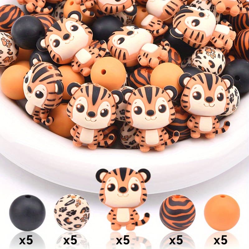 TEMU 25pcs Cartoon Tiger Silicone Focus Beads - Vibrant Animal-themed Decorative Beads For , Keychains, Bracelets, Necklaces, And Unique Gift Ideas, Silicone Beads For Crafts
