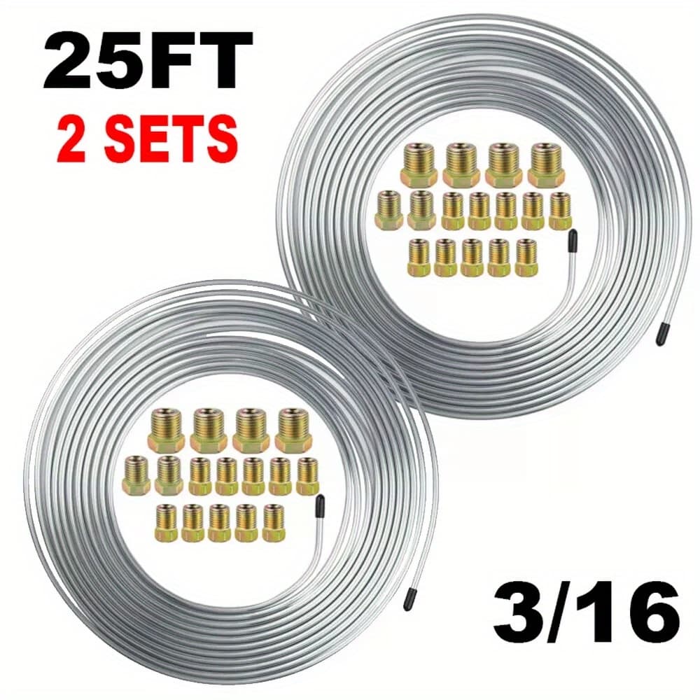 TEMU 2 Rolls Car Flexible Double Galvanized Steel Brake Line Tubing Kit 3/16" Od 25 Ft Coil Rolls + 32 Fittings