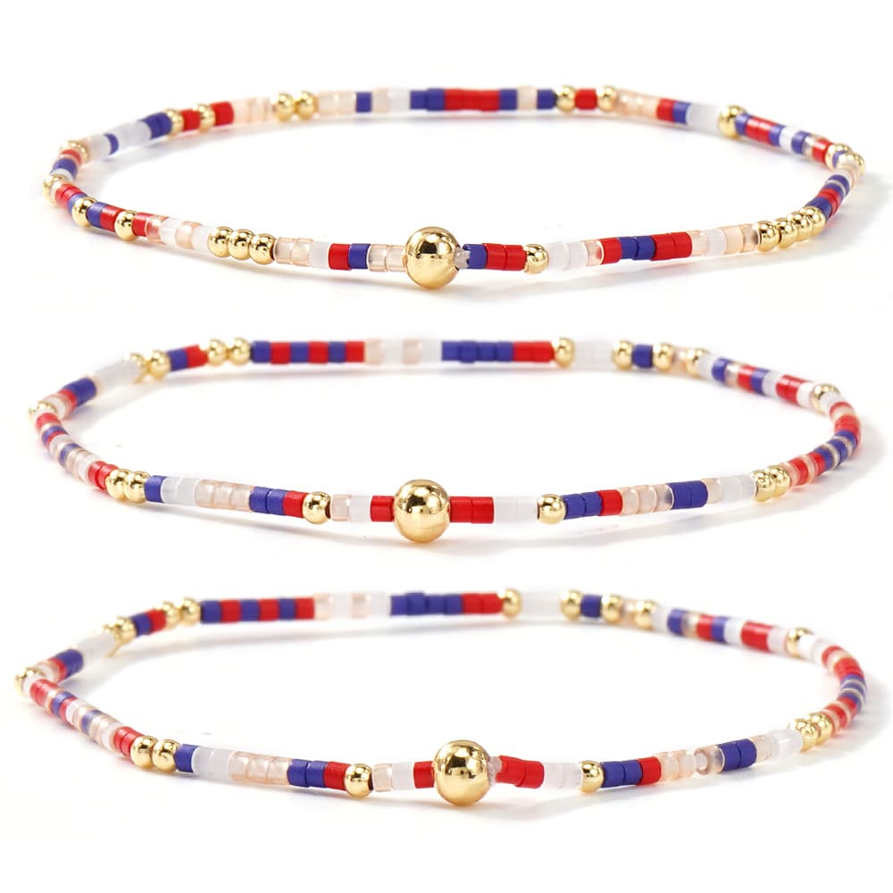 TEMU 3pcs Women's Bracelet Set, Red, White, And Blue Beaded With Golden Round Beads, Stackable Style, Simple And Versatile For Daily
