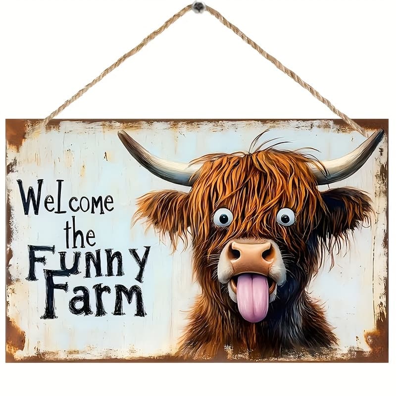 TEMU 2d Flat - 1pc Rustic Highland Cow Wooden Hanging Sign Welcome To Fun Farm – Wall Decor, Distressed, Home Decor, Cow Decor, 2d, Room Decor