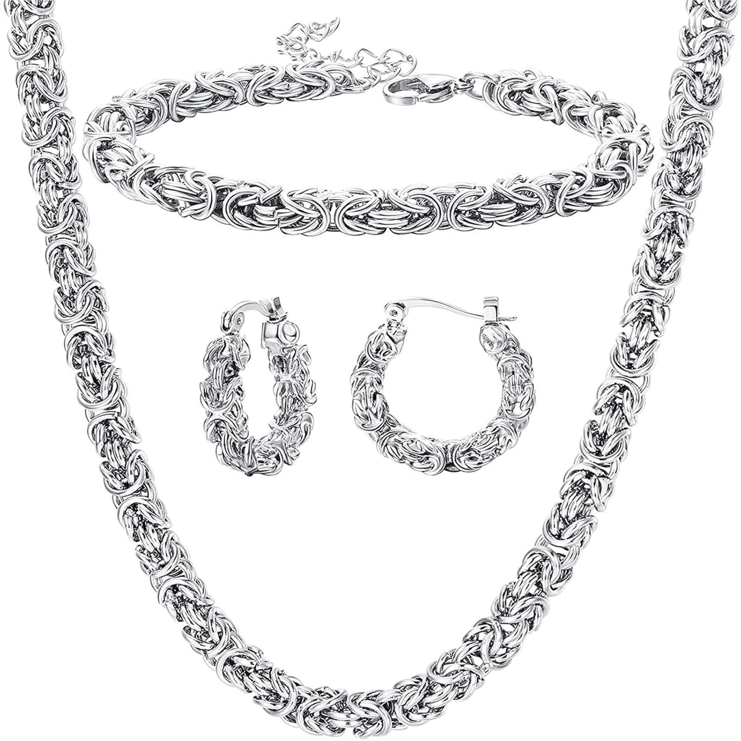 TEMU Jewelry Set For Women Including A Necklace, Bracelet, And Earrings Made Of Stainless Steel In A Byzantine Chain Design