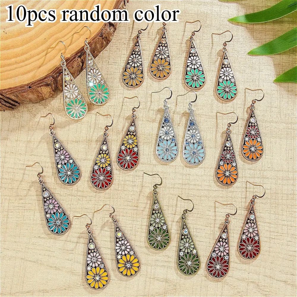 TEMU 10 Random Color Women's Pendant Earrings, Retro Bohemian Droplet Shaped Pendant Earring Set, Colorful Daisy , Exquisite Floral Pattern, Layered Ethnic Style Jewelry, , Vacation, Party, Birthday,