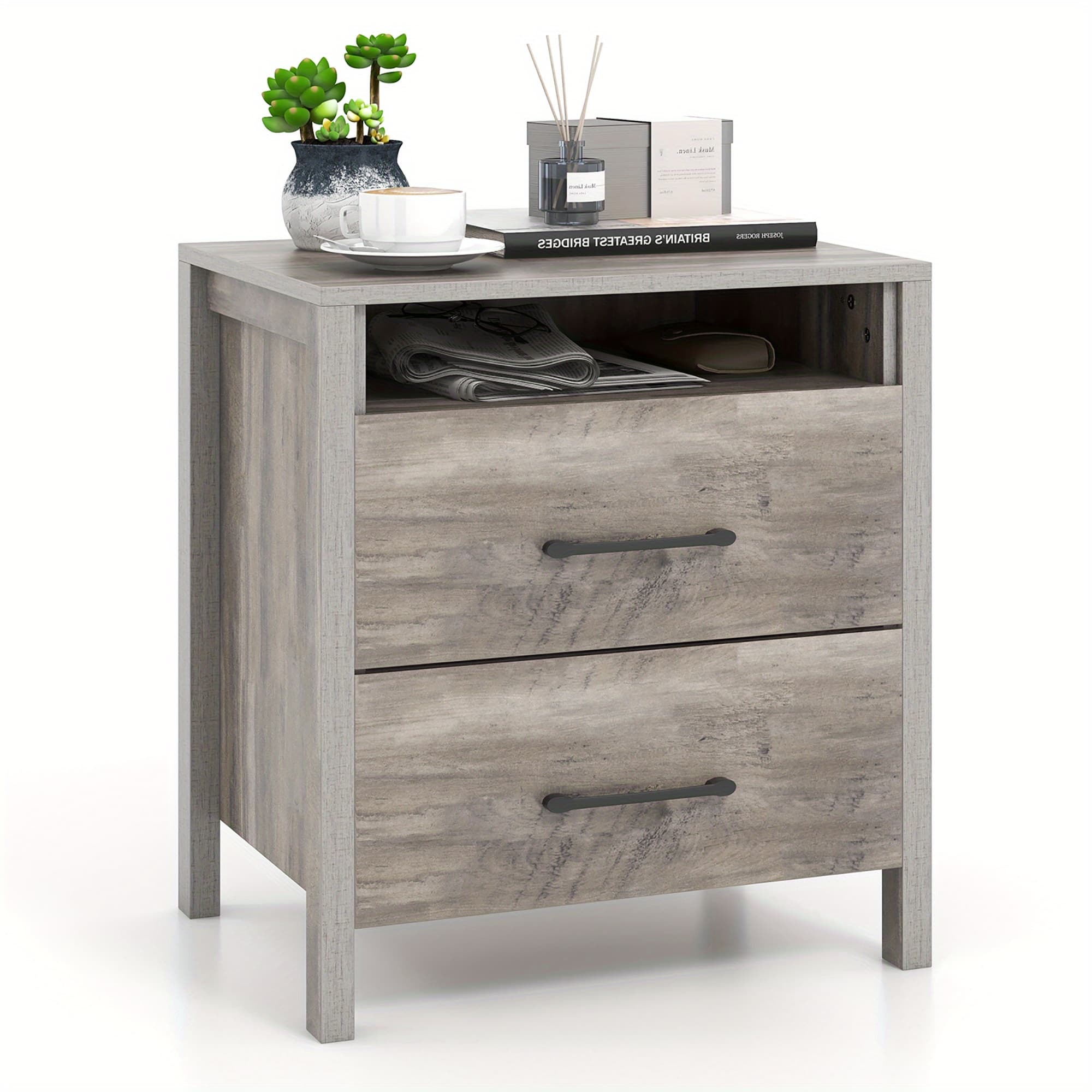 TEMU Maxmass Nightstand W/ 2 Drawers Farmhouse Bed Side Table W/ Open Storage Shelf