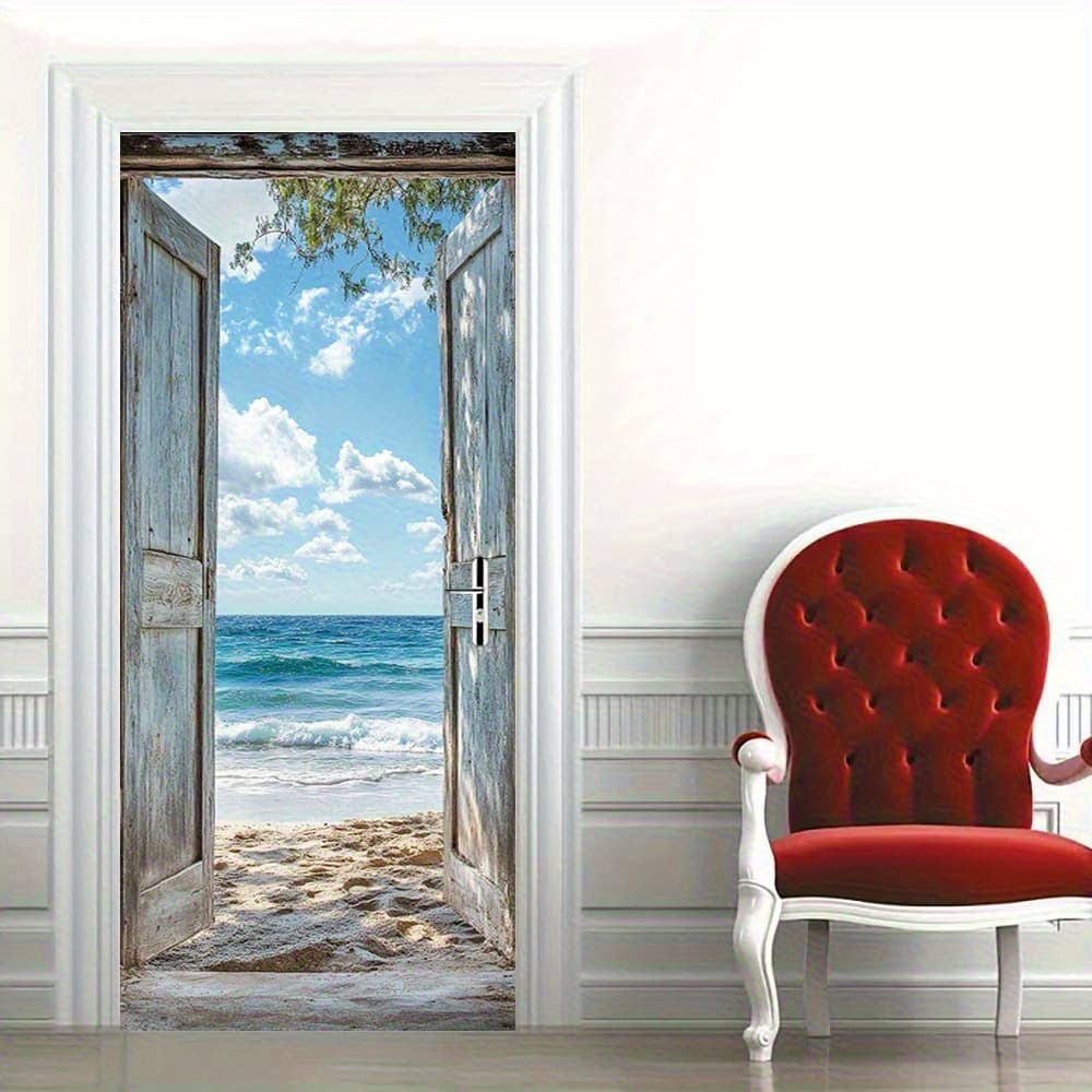 TEMU 1pc Removable Modern Abstract Beach Door & Wall - Paper Decal Suitable For Bedroom, - Contemporary Coastal Art, Installation