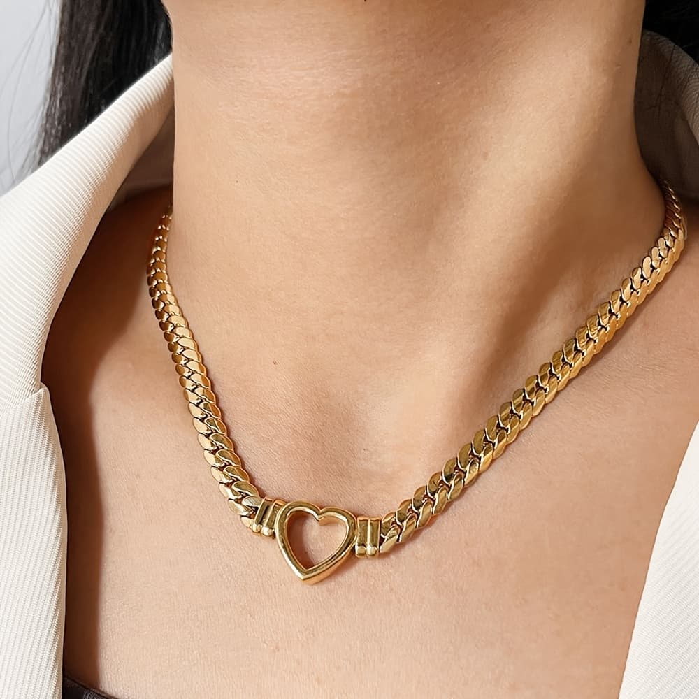 TEMU A Stylish And Unique Cuban Chain With A Heart-shaped Hollow Pendant, Made Of Stainless Steel With A Plating, Designed As A Multi-functional Collarbone Chain For Women
