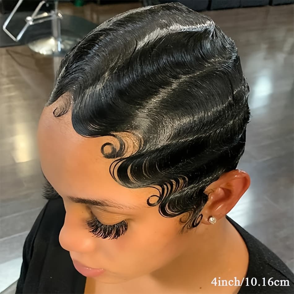 TEMU Stylish Water Wave Wig Designed For Women - Featuring A 4-inch Cut With Bangs, A 150% Density , And Glueless Finger Wave Layers Made From Human Hair, Use And Cosplay