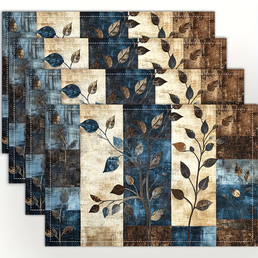 TEMU Set Of 4 Placemats Featuring A Forest Design In Blue, Brown, And Beige, Ideal For Dining Tables, Kitchens, Parties, Indoor Use, Holidays, Dinners, And Home Decoration, Measuring 12x18 Inches
