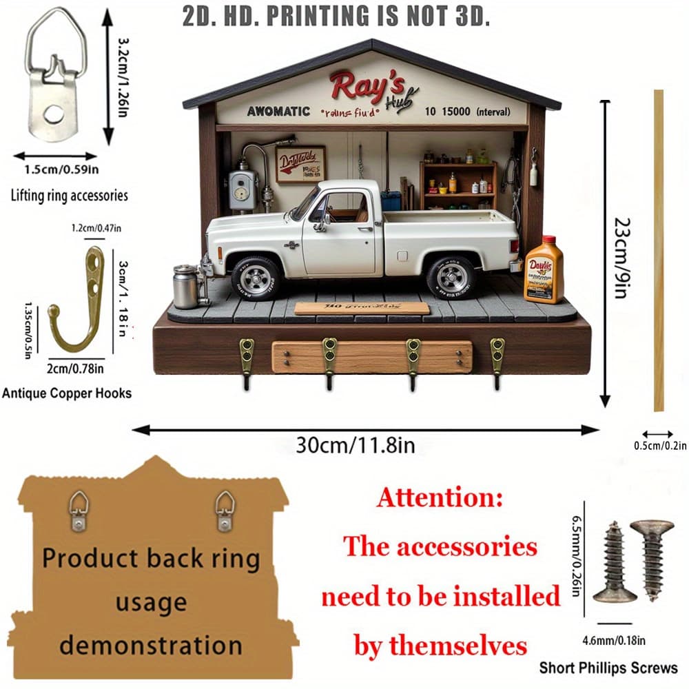 TEMU 2d Flat, 1pc Vintage Truck Garage Key Hook, Wooden Multi-functional Home Key Holder With 4 Metal Hooks, Wall Decor, Porch Decor, Room Decor, Villa Decor, Four- Decor (11.8"x9"), 2d Flat