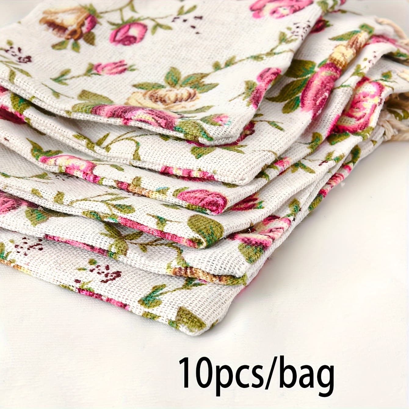 TEMU 10 Elegant Floral Drawstring Gift Bags | Perfect For Valentine's Day, Anniversaries, Weddings, And Birthdays - Fabric Rose And Leaf Pattern Candy Packaging With Natural Hemp Rope Ties, Gifts