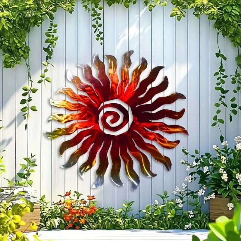 TEMU 15.31x15.75 Inch Red Orange Gradient Metal Sun Wall Art For Home, Patio, Garden, Weddings, Christmas, Halloween Gifts, Indoor And Outdoor Modern Decor