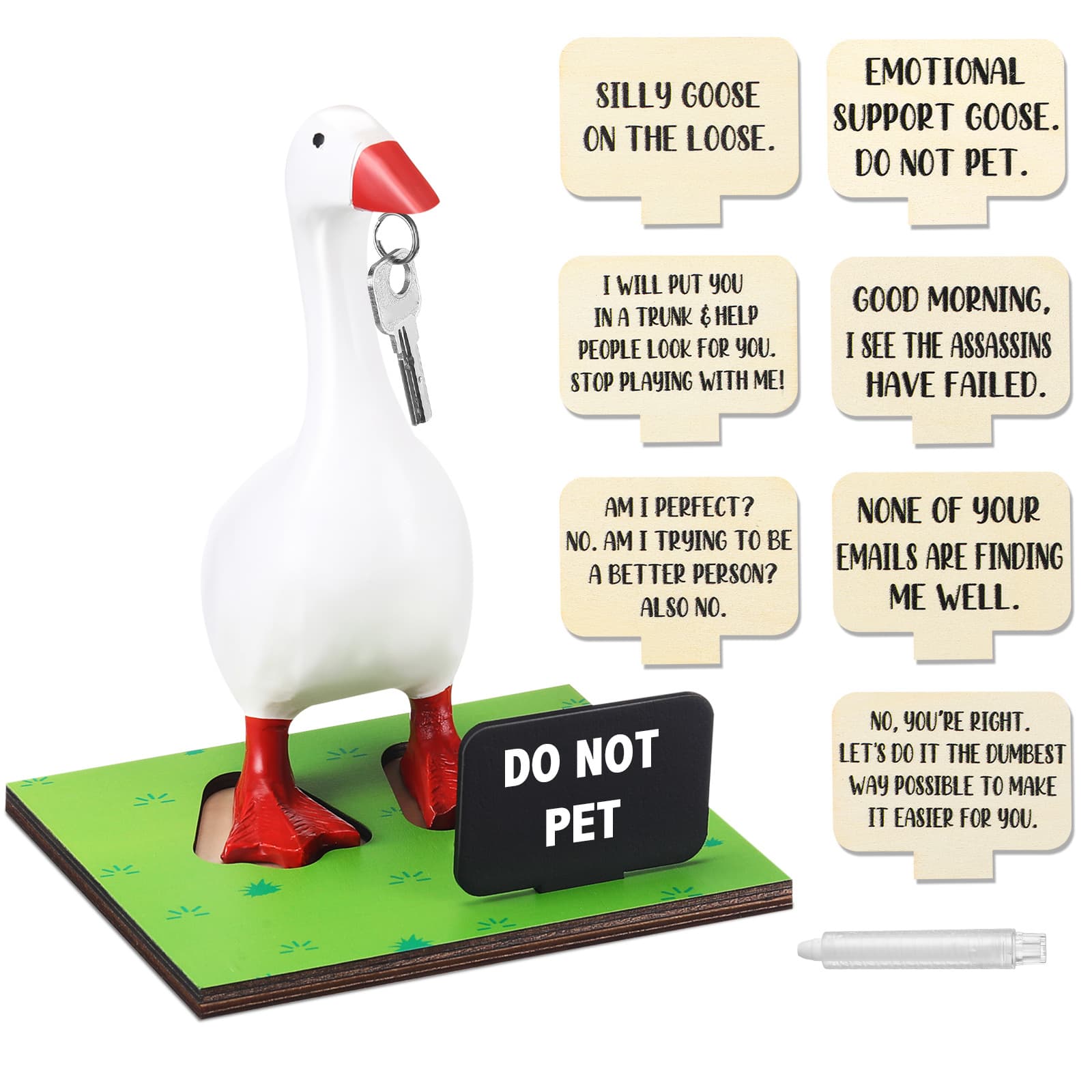 TEMU Goose Key Holder Cute Statue Resin Goose Statue With Wooden Base Sign Chalk For New Apartment Housewarming Gift Office Table Desk Home Decor (funny Quotes, 11pcs)