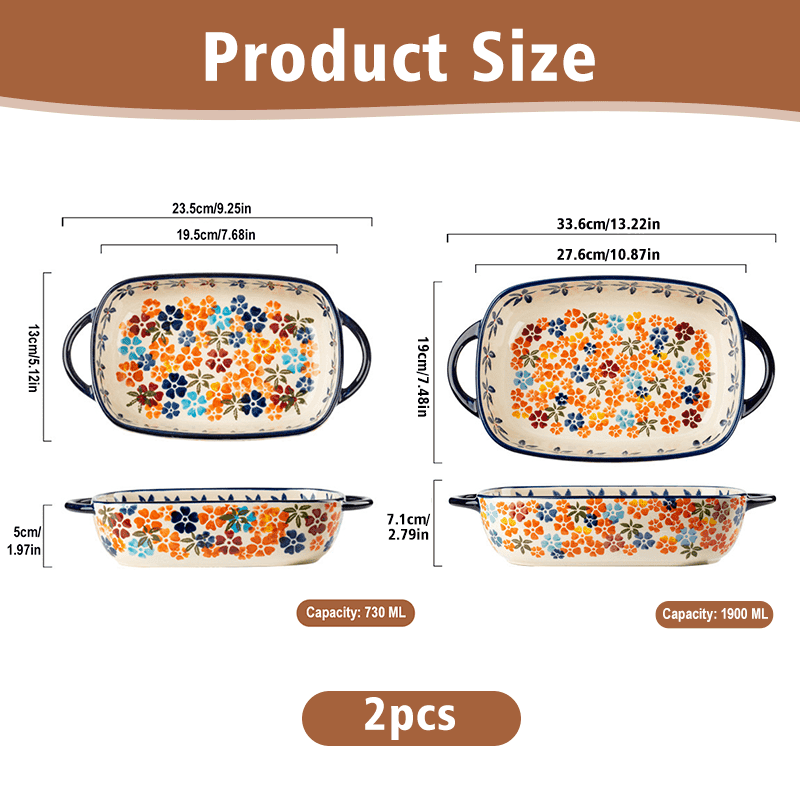 TEMU 2 Large Capacity Bohemian-style Ceramic Baking Dishes And Dinner Plates With Patterns Featuring Dual Handles Suitable For Oven Rectangular Ceramic Baking Bowls Kitchen