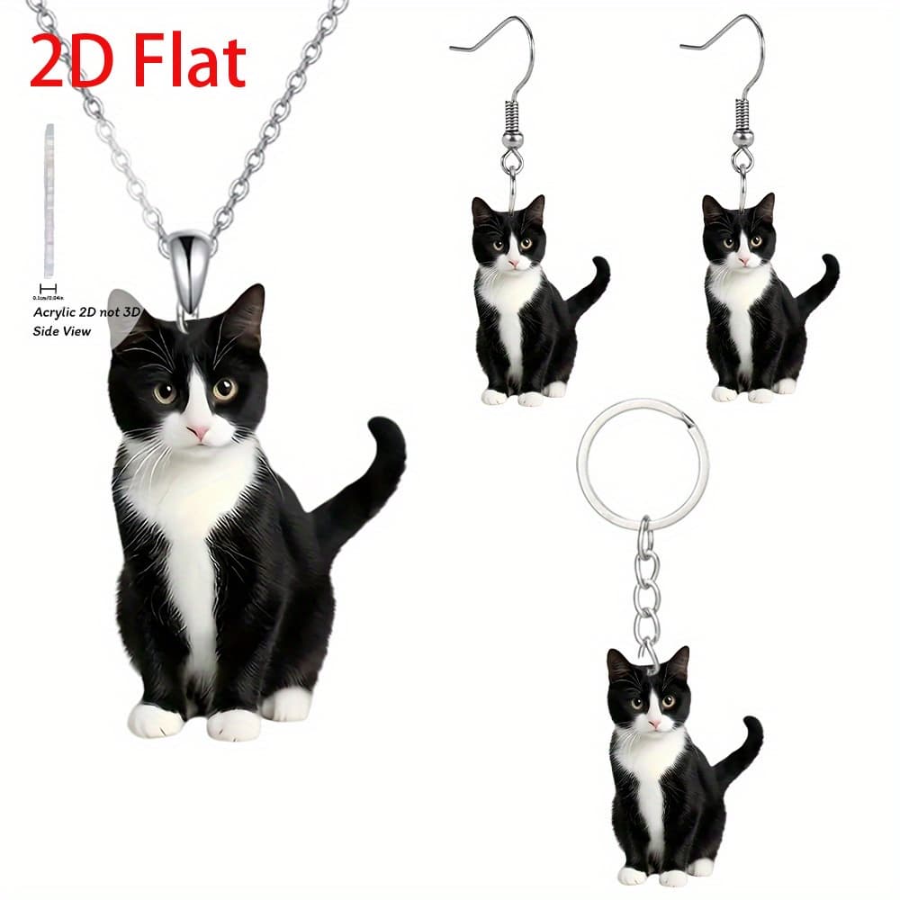 TEMU 2d Flat Fashion Black And White Cat Acrylic Necklace Earrings Keychain Set, Suitable For Holiday Birthday Party Gifts