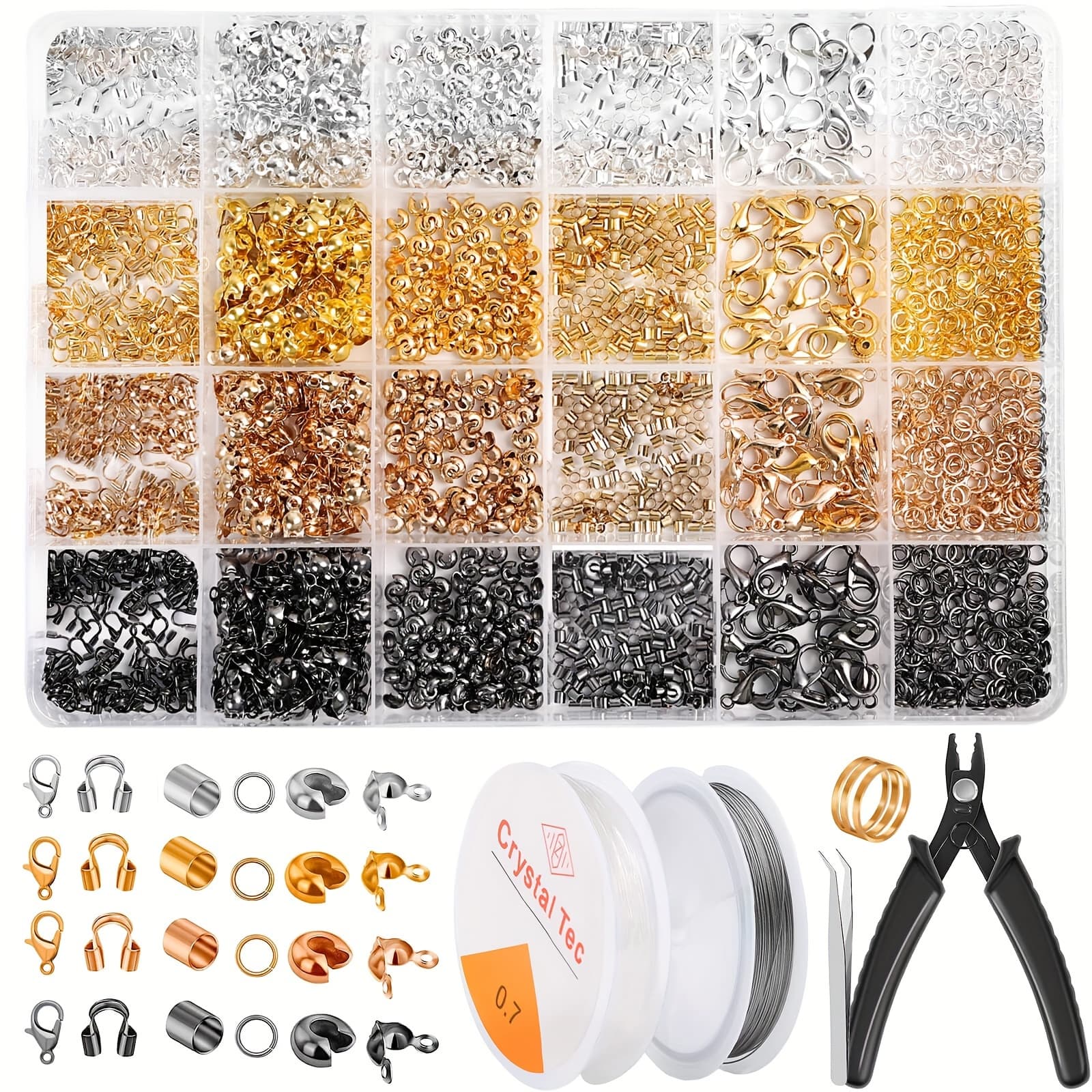 TEMU 2160pcs Jewelry Making Supplies Kit, Beads Crimping Tool Set With Knot Covers, Crimp Beads, Tubes, Jump Rings, Wire , Elastic String, Tweezers, And Pliers For Bracelets And Necklaces