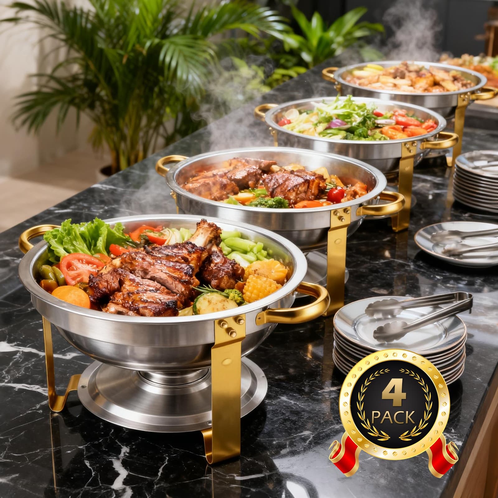 TEMU Chafing Dishes For Buffet, 2/4 Pack 6qt Round Stainless Steel Chafing Dish Set For Home Parties, Christmas , Catering Events Complete Buffet Warmer Set (golden 2/4), For Cooking