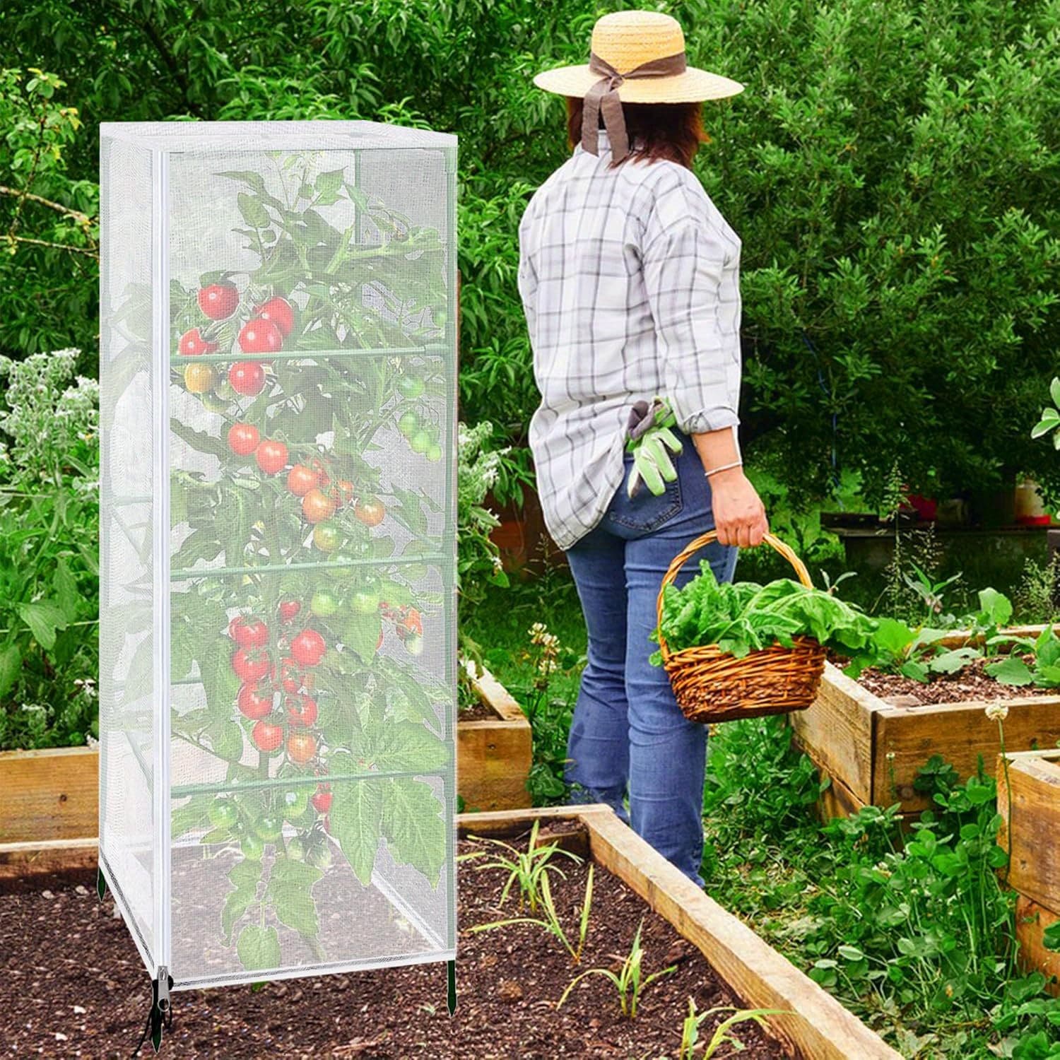 TEMU 3pcs Garden Bird Netting Plant Cover For Cage, 59" X 17.7" Insect Tomato Cage Net With Zipper & Drawstring, Netting Protection Cover For Protecting Plants