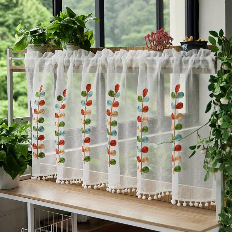 TEMU 1pc Coffee Curtain - 100% Polyester Light Filtering Rod Pocket Kitchen & Dining Room Window, Hand Wash Only, Ideal Gift For Home Decor, Intricate Embroidery