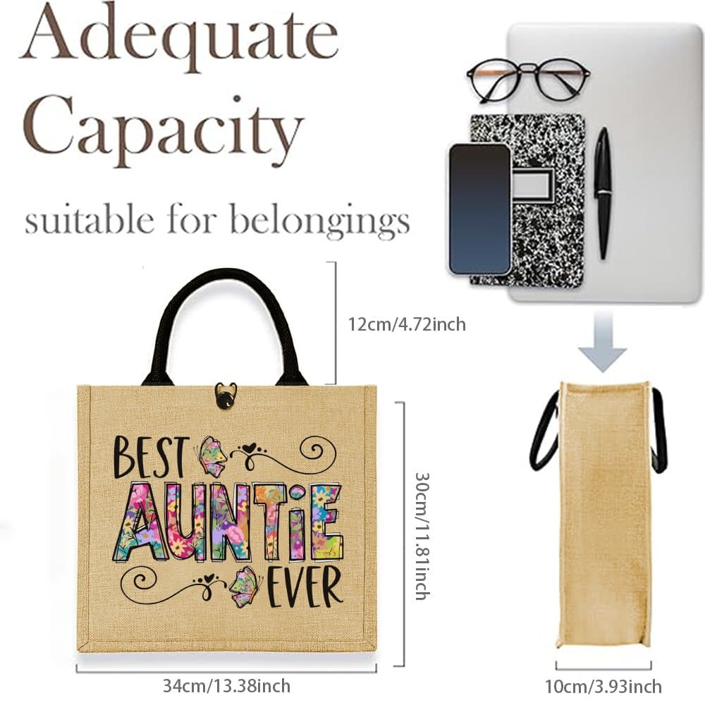TEMU Aesthetic Aunt Jute Tote Bag, A Perfect Gift For Your Aunt, Featuring A Stylish Design With Space. Ideal For Outdoor Picnics, Parties, Travel, And Shopping