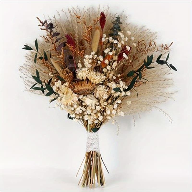 TEMU Natural Dried Flower Bouquet 17" Dried Flowers For Vase Bohemian Style Dried Flower Bouquet Decoration Grass Breath Leaves Bohemian Decoration Flower Bouquet Decoration Home Wedding