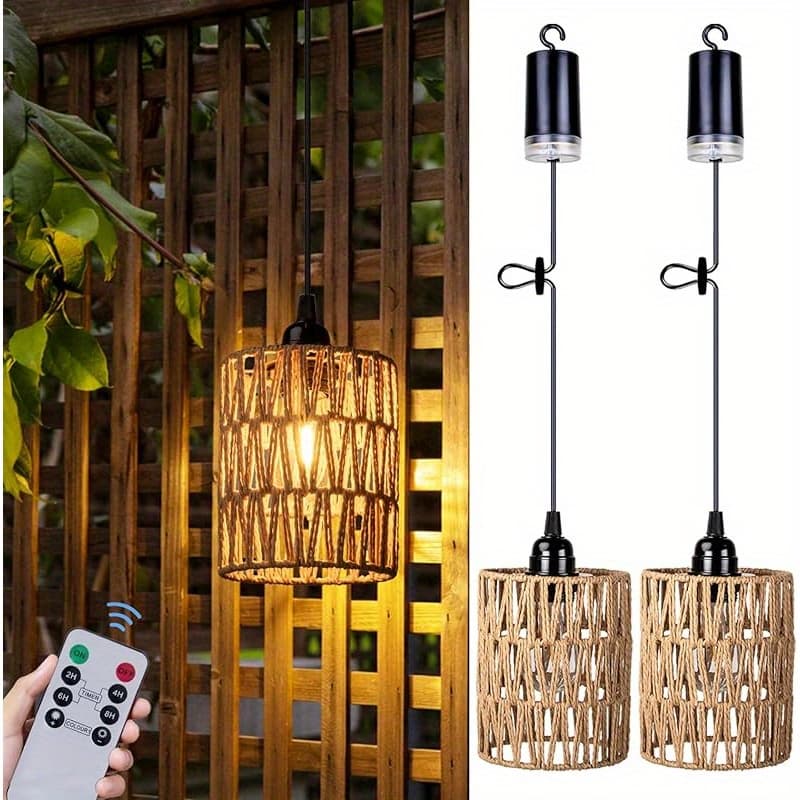 TEMU Battery Operated Chandelier, Battery Hanging Pendant Light, Rattan Lights With Warm White Bulb, 4 X Aa Battery Powered, For Gazebo Pergola Porch Patio Outdoor Indoor Decor