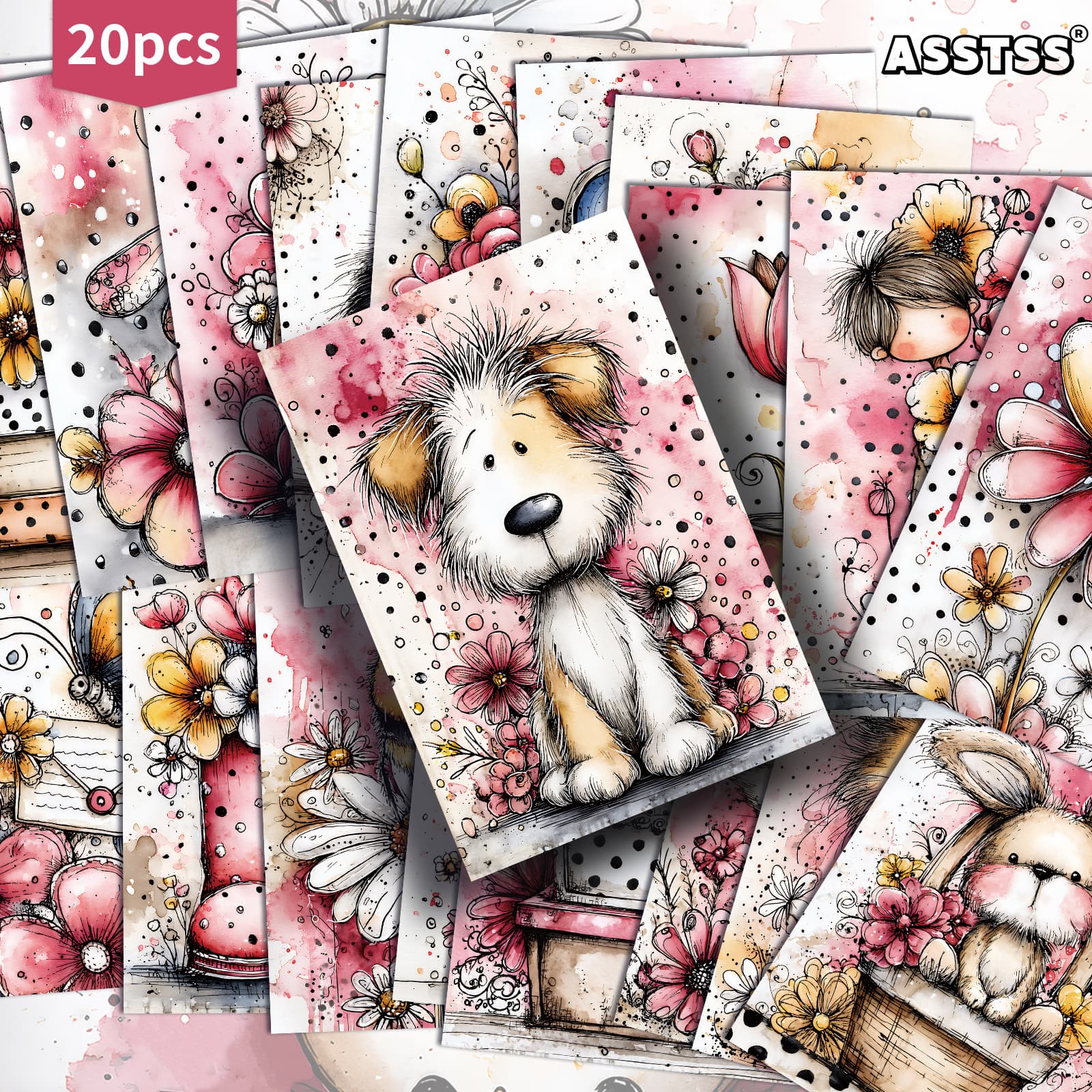TEMU 20-pack Asstss Retro Cartoon Pink Flower Animals Gift Card - 4x6 Inches Retro Junk Journal Paper, Classic Pinup Illustrations Collectible Decorative Painting Cards For Scrapbooking And Crafting