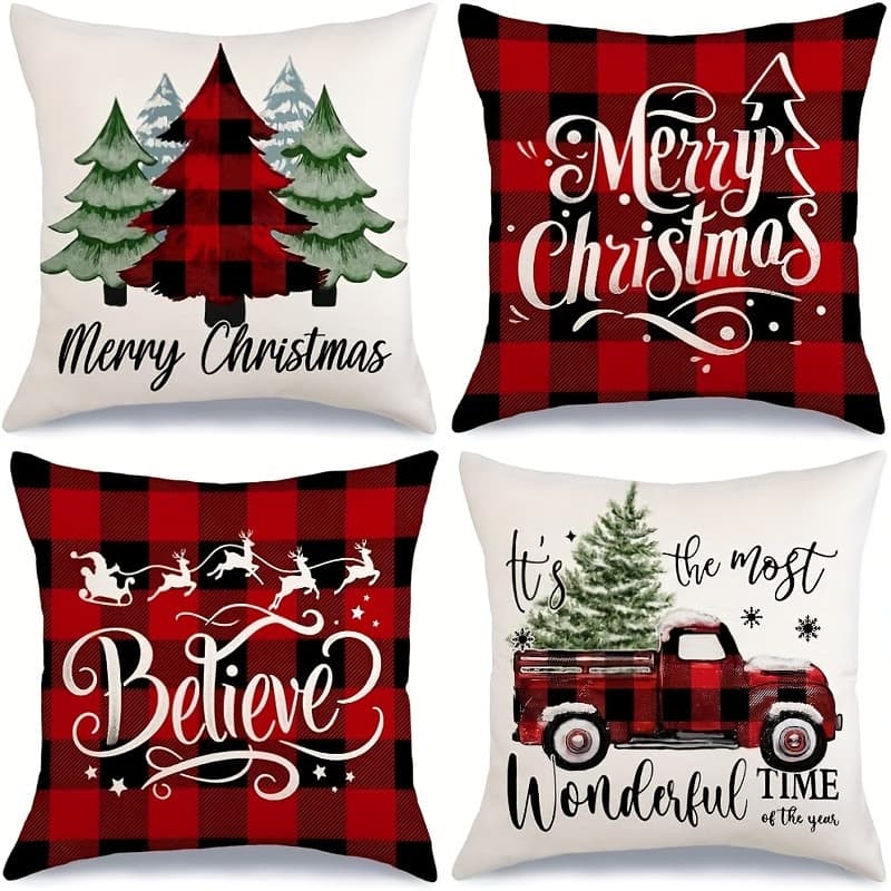 TEMU Christmas Car Linen Pillowcase Red Letter Print Pillowcase Holiday Atmosphere Decorative Cushion Cover