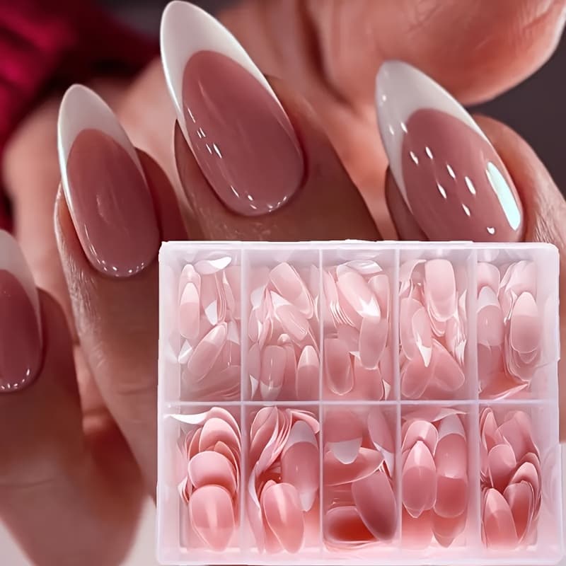 TEMU 72pcs Short Almond Pointed Nail Tips, Nude Pink And White- Glossy Full Cover Fake Nails, Suitable For Manicure And Salon Use, Nail Art Additions