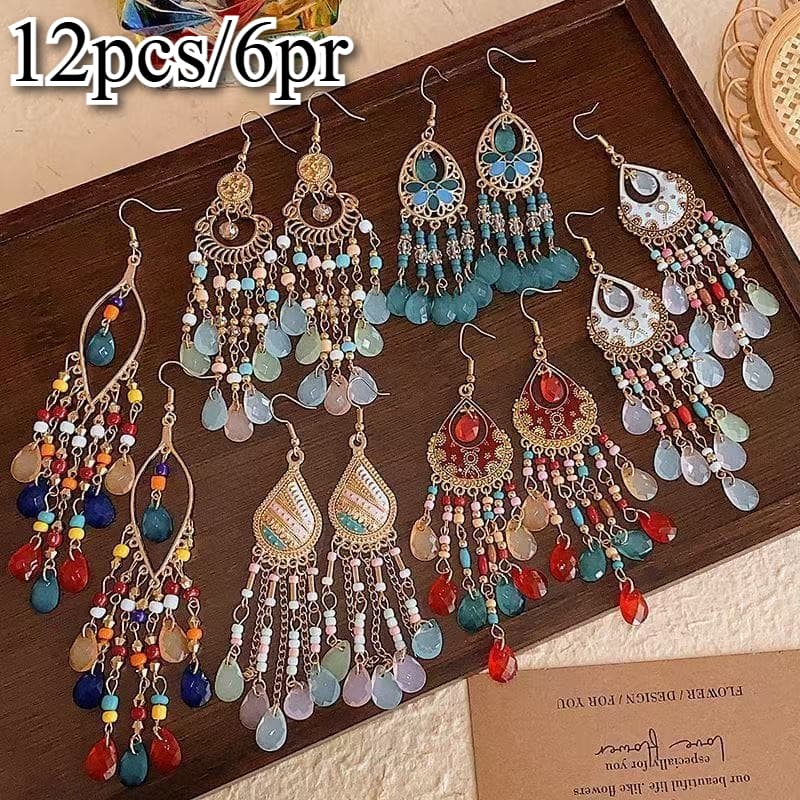 TEMU 12pcs/ 6pr Ethnic Style Long Fringed Earrings For Women, Ethnic Style Bohemian Vacation Wear