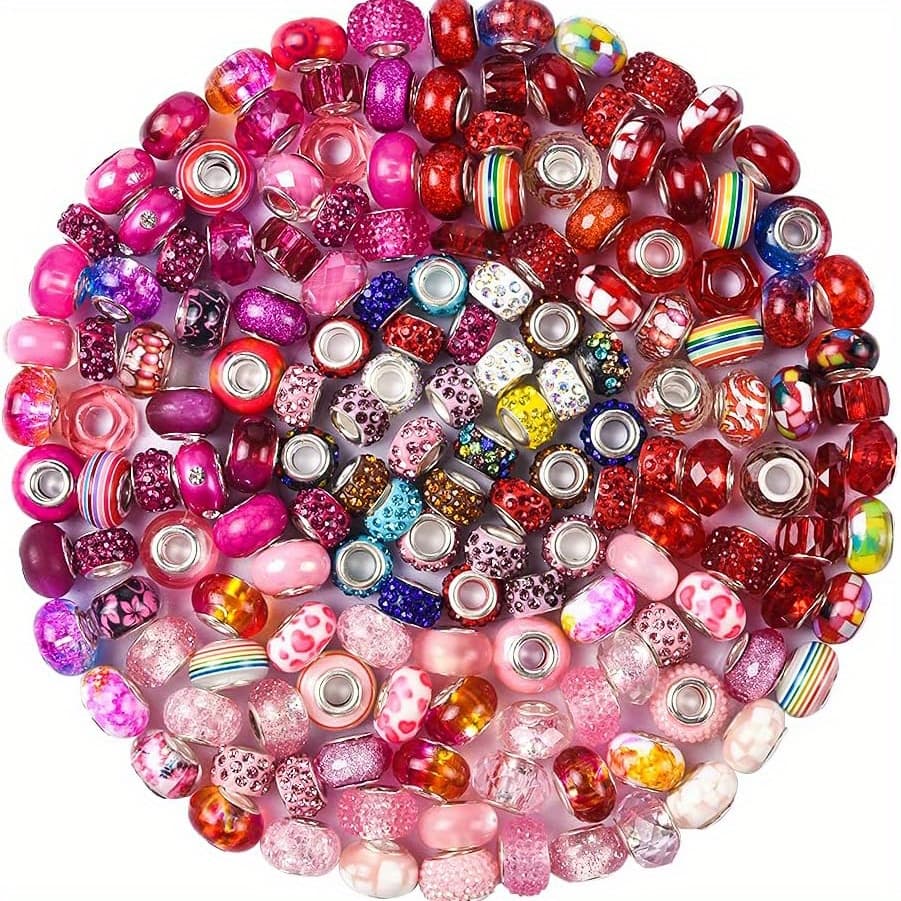 TEMU 100pcs Assortment European Large Hole Beads Spacer Beads Craft Beads For Diy Charms Bracelet Jewelry Making (rose Red-red)