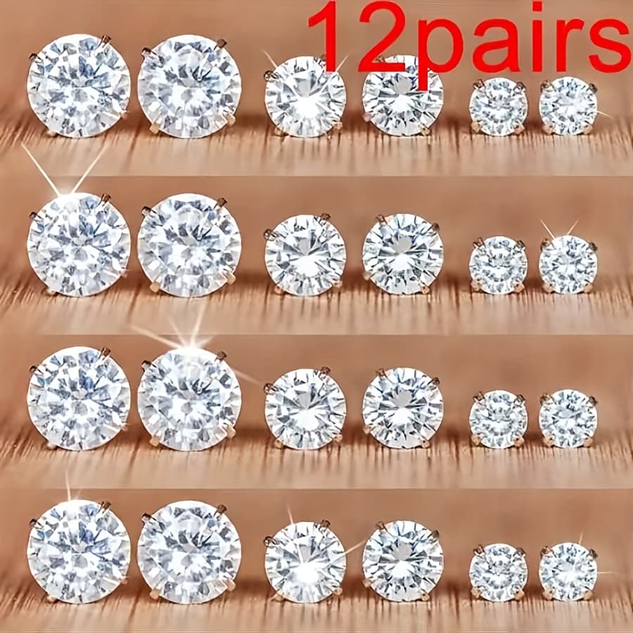 TEMU Hot-selling Geometric Six-claw Cubic Synthetic Zirconia Set, Including 12 Pairs Of Earrings, Vintage Style Earrings