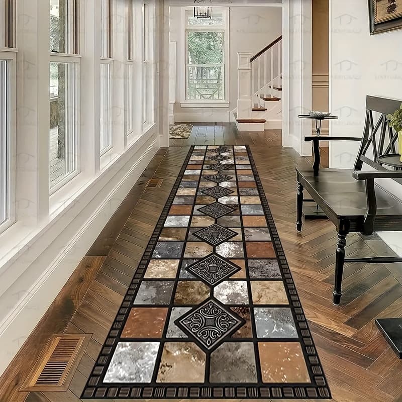 TEMU 1pc Velvet Non-slip Kitchen Pad-white, Beige And Brown Elegant Marble Pattern, Machine Washable Polyester Mat, Suitable For Kitchen, Bathroom, Bedroom And Decoration, Kitchen Carpet