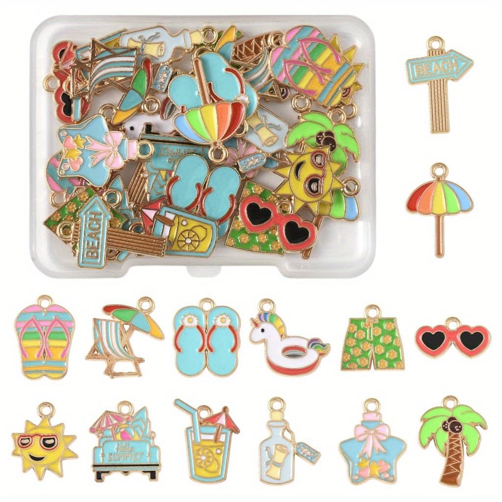 TEMU 28pcs 14 Styles Beach Holiday Theme Alloy Enamel Pendants, Mixed Shape & Color, 9.5~22x13.3~17x1mm, Hole: 1.1~1.8mm, 2pcs/style