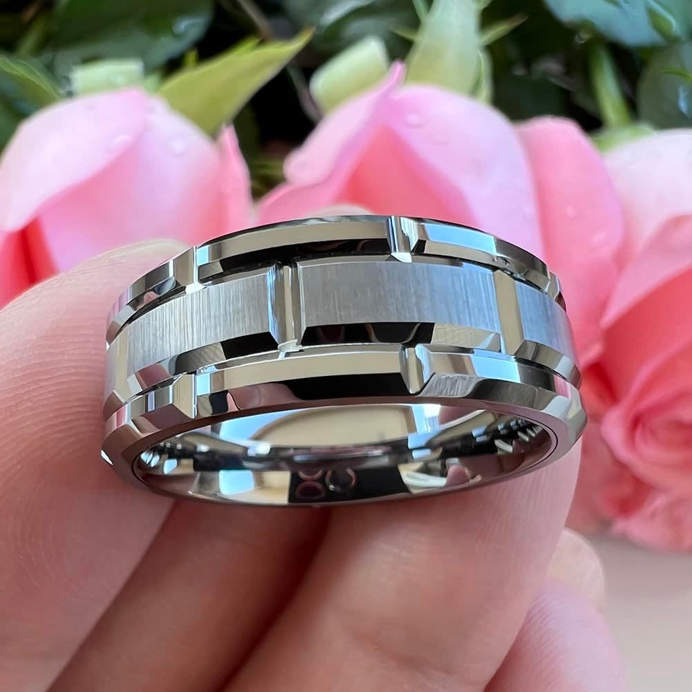 TEMU 1pc Fashion 304 Stainless Steel Rings For Men Women Promise Engasynthetic Gemstoneent Wedding Band Brick Pattern Brushed Center Fit