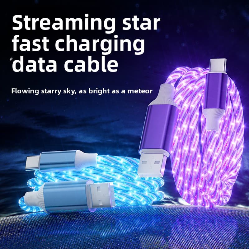 TEMU 2pcs New Starry Ultra-fast Charging Data Cable, Meteor Luminous Charging, Vivid And Smooth Led Data Cable-usb-c To Usb, Suitable For Huawei, Xiaomi-colorful Nano