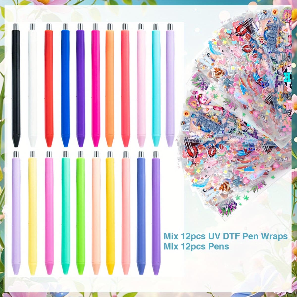 TEMU 24pcs/48pcs Mix Styles Uv Dtf Pen Wraps And Macaron Color Plastic Pen Sets, Contains 12pcs Stickers And 12pcs Pens Or 24pcs Stickers And 24pcs Pens, Suitable For Office Supplies, Party Gifts