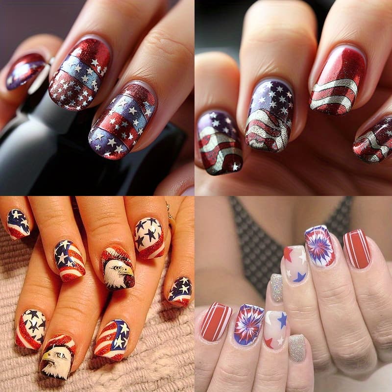 TEMU 96pcs (4pcs) Patriotic American Flag Press-on Nails Set - Short Square, Glittery, Full Coverage Artificial Nail Kit With Nail File & Adhesive Tabs, Red, Silvery, , & Casual Attire