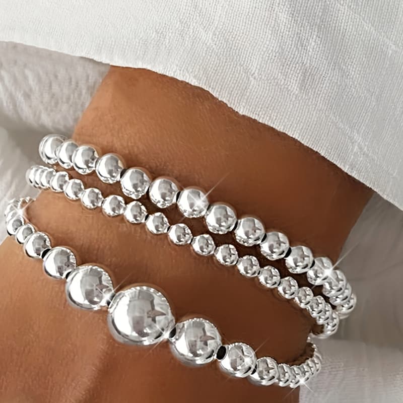 TEMU S925 Sterling Silvery Beaded Bracelets For Women - 3pcs Set, Simple Round Handcrafted Bead Design, Perfect For Daily Wear, Valentine's Day Gift Total Weight Of The Product (15.68g)