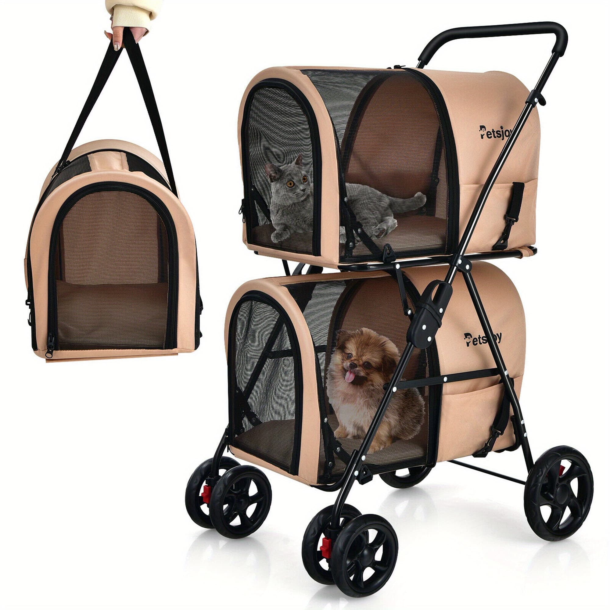 TEMU Costway 4-in-1 Double Pet Stroller W/ Detachable Carrier Travel Carriage For Cats Beige