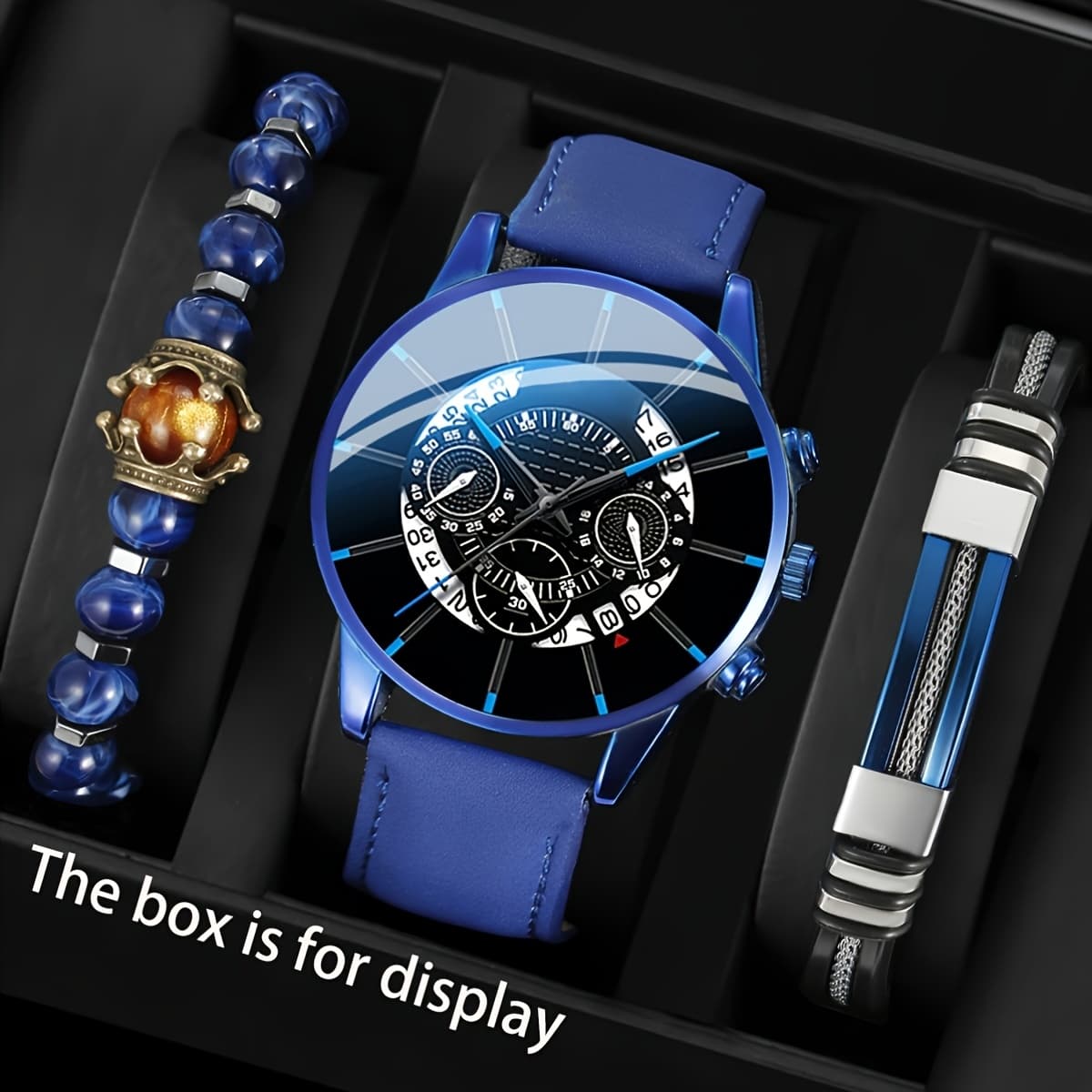 TEMU 3pcs Men's Casual Business Calendar Watch And Bracelet Set, Quartz Movement, Faux Leather Strap Quartz Watch Set