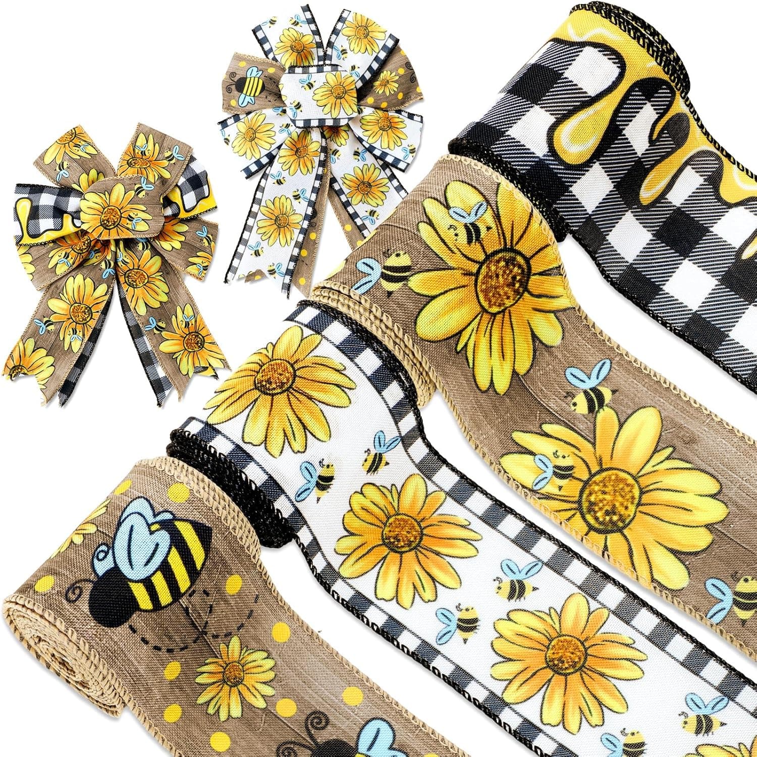 TEMU 4 Rolls Wired Edge Ribbon | 2.5-inch Summer Yellow Sunflower Bee Ribbon, Polyester, Suitable For Festival Decorations, Bow Wreath Making, Gift Wrapping, Home Decor, Handmade Sewing Supplies