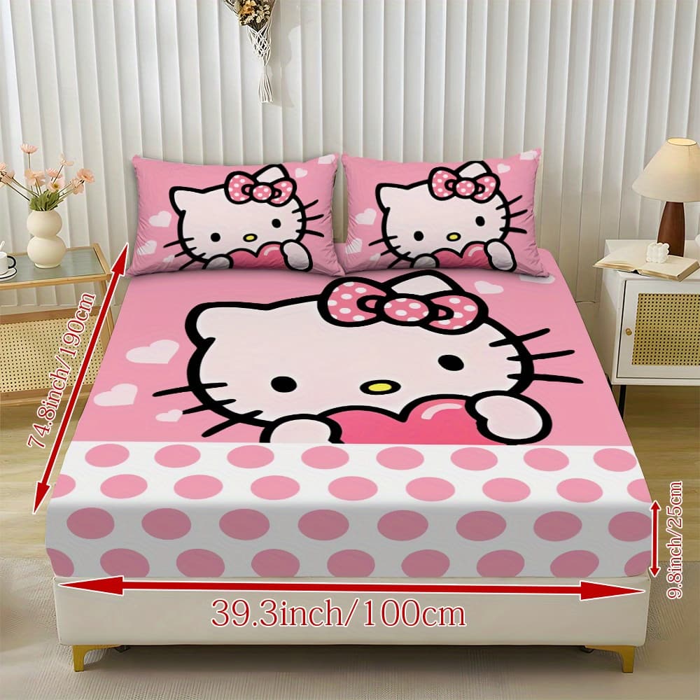 TEMU Fitted Sheet And 3pcs Bedding - Includes A Hello Kitty Patterned Fitted Sheet And 2 Pillowcases, Designed For And , Suitable For Any Bedroom Or , Ideal For Use